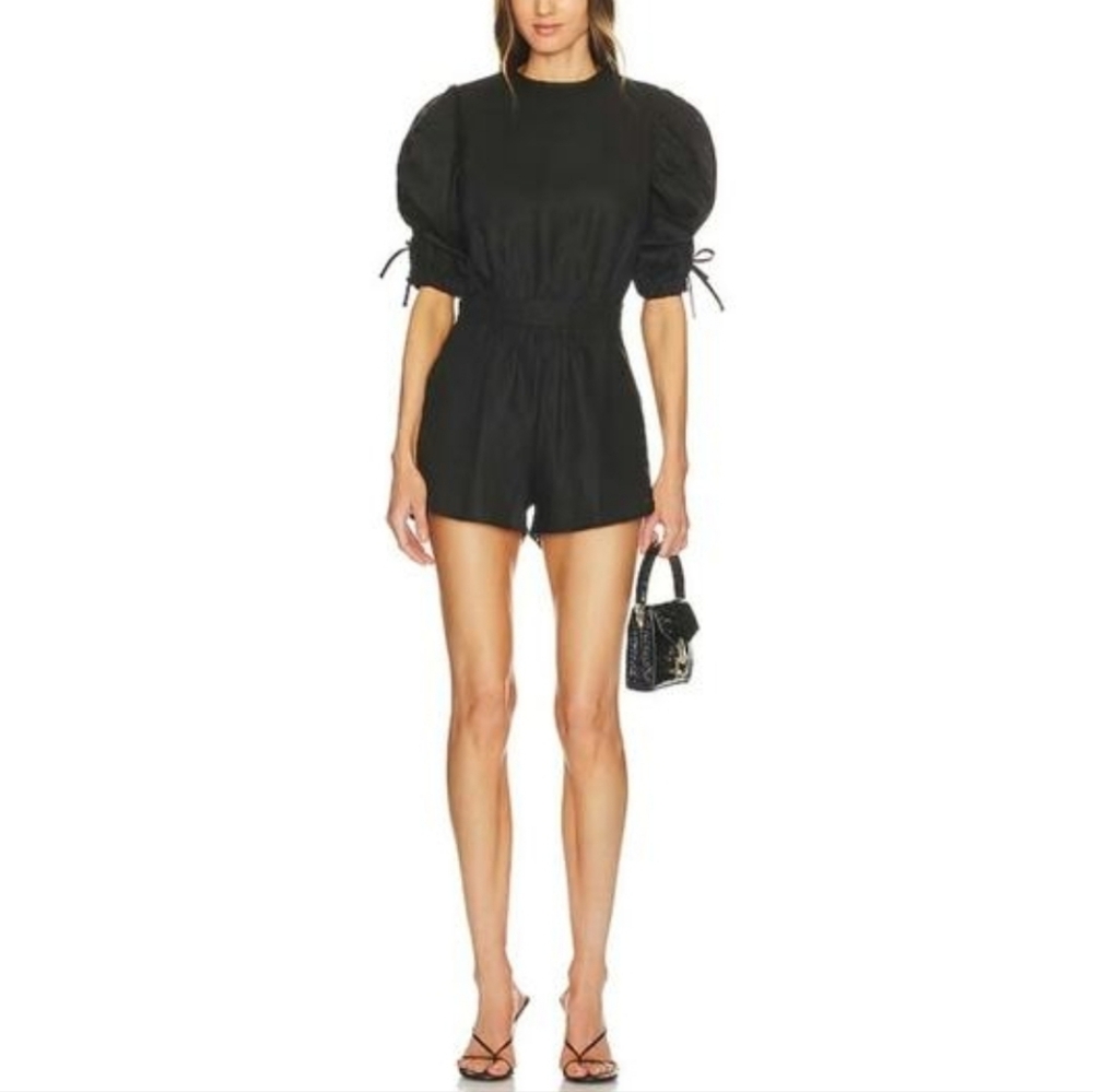 NWT The Femm Black Sofia Linen Puff Sleeve One Piece Romper